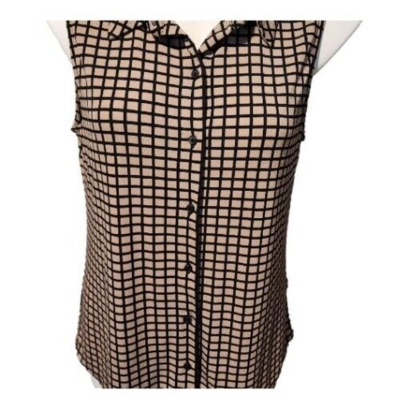 Adrianna Papell Sleeveless Button Down Collar Plaid Black Tan Shirt Sz Medium - Picture 13 of 14